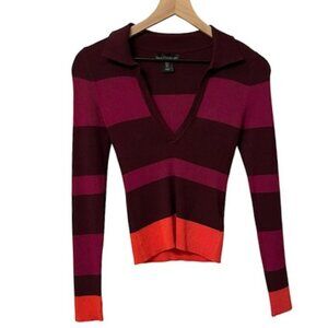 House of Harlow 1960 Ribbed Striped Colorblock Collared V-Neck Sweater Small